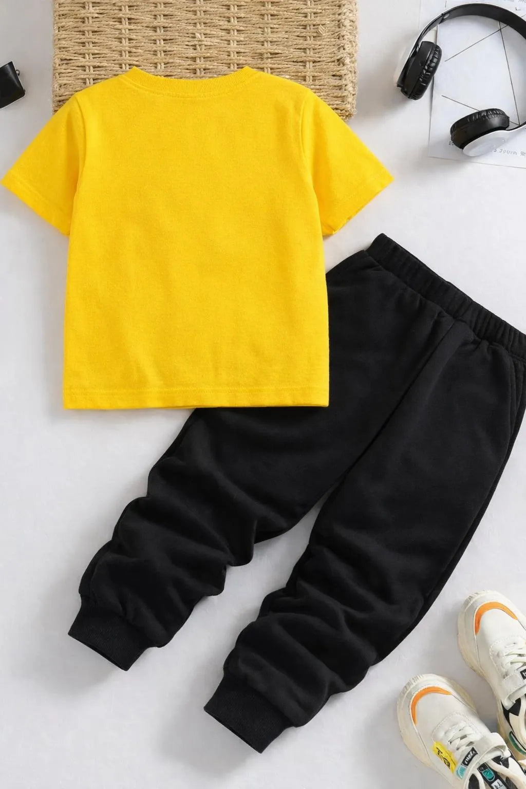 Kids Soccer Print Tracksuit Yellow & Black – 2-Piece Sports Outfit for Boys & Girls 1–12 Years