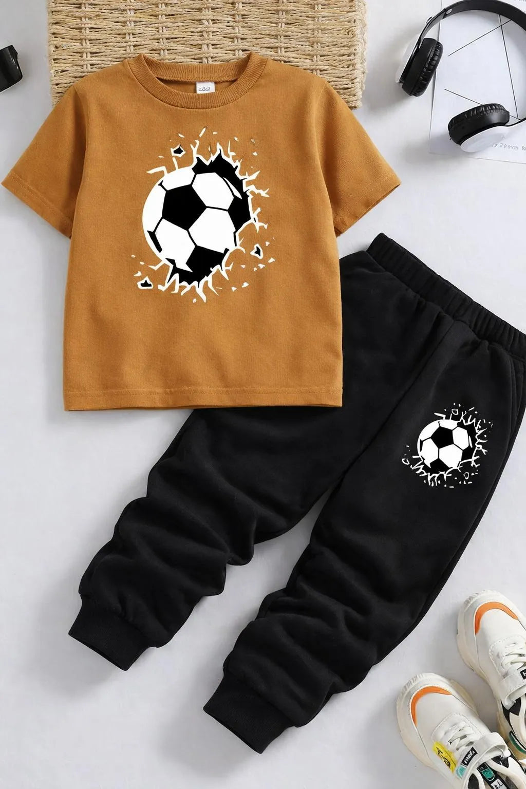 Kids Soccer Print Tracksuit Yellow & Black – 2-Piece Sports Outfit for Boys & Girls 1–12 Years
