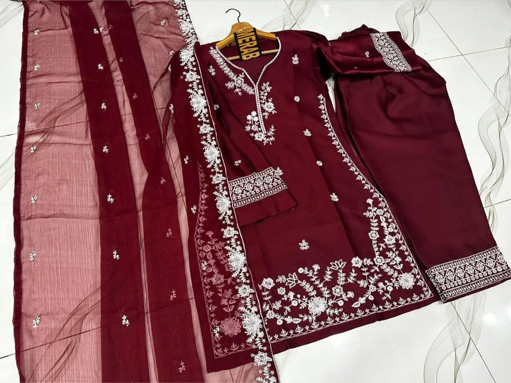 Neck, Sleeves & Daman Thread Embroidered 3-Piece Suit for Women – Ready to Wear Set