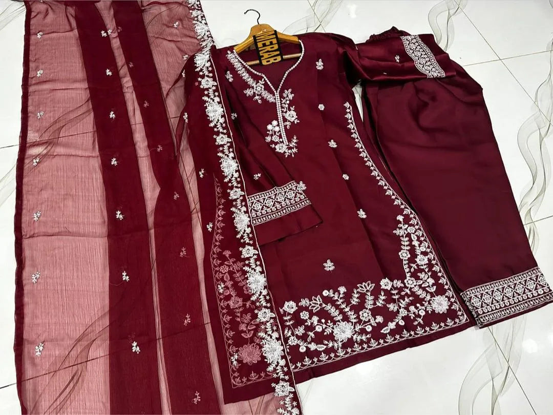 Neck, Sleeves & Daman Thread Embroidered 3-Piece Suit for Women – Ready to Wear Set