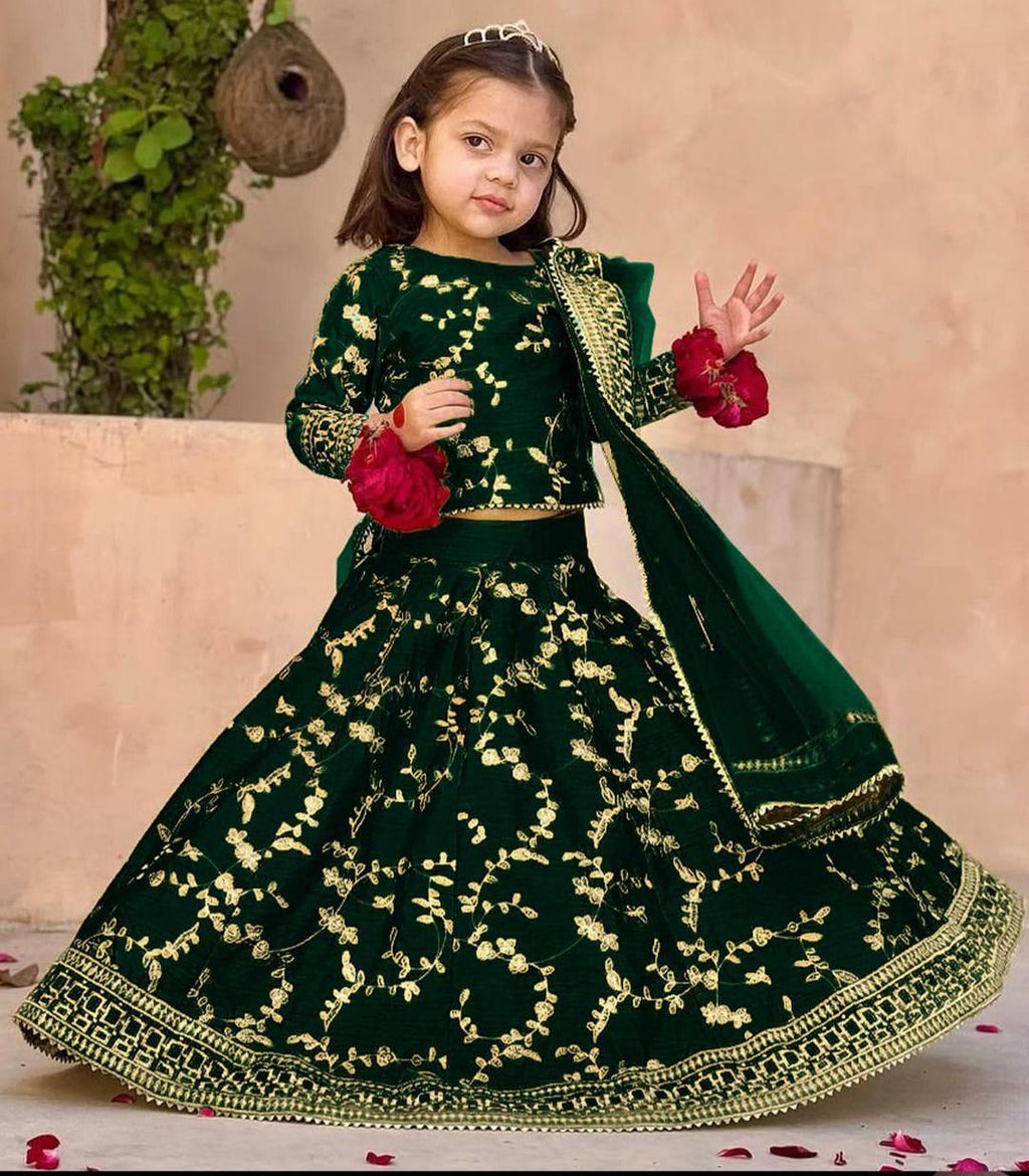Girls Raw Silk Embroidered 3-Piece Set Green & Gold – Eid & Wedding Wear