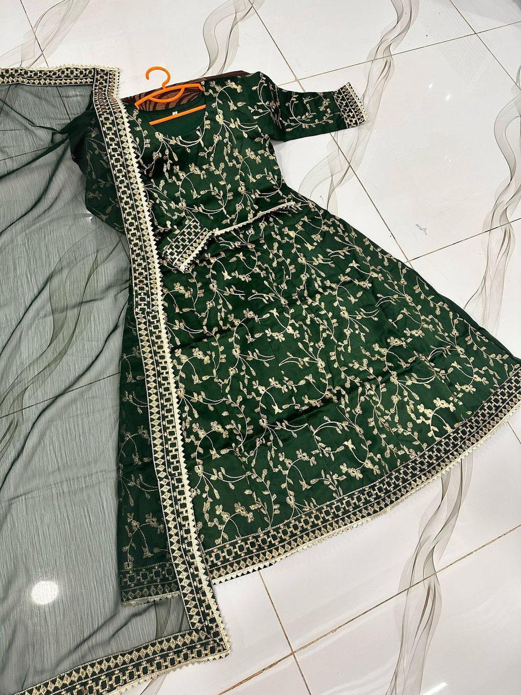 Girls Raw Silk Embroidered 3-Piece Set Green & Gold – Eid & Wedding Wear