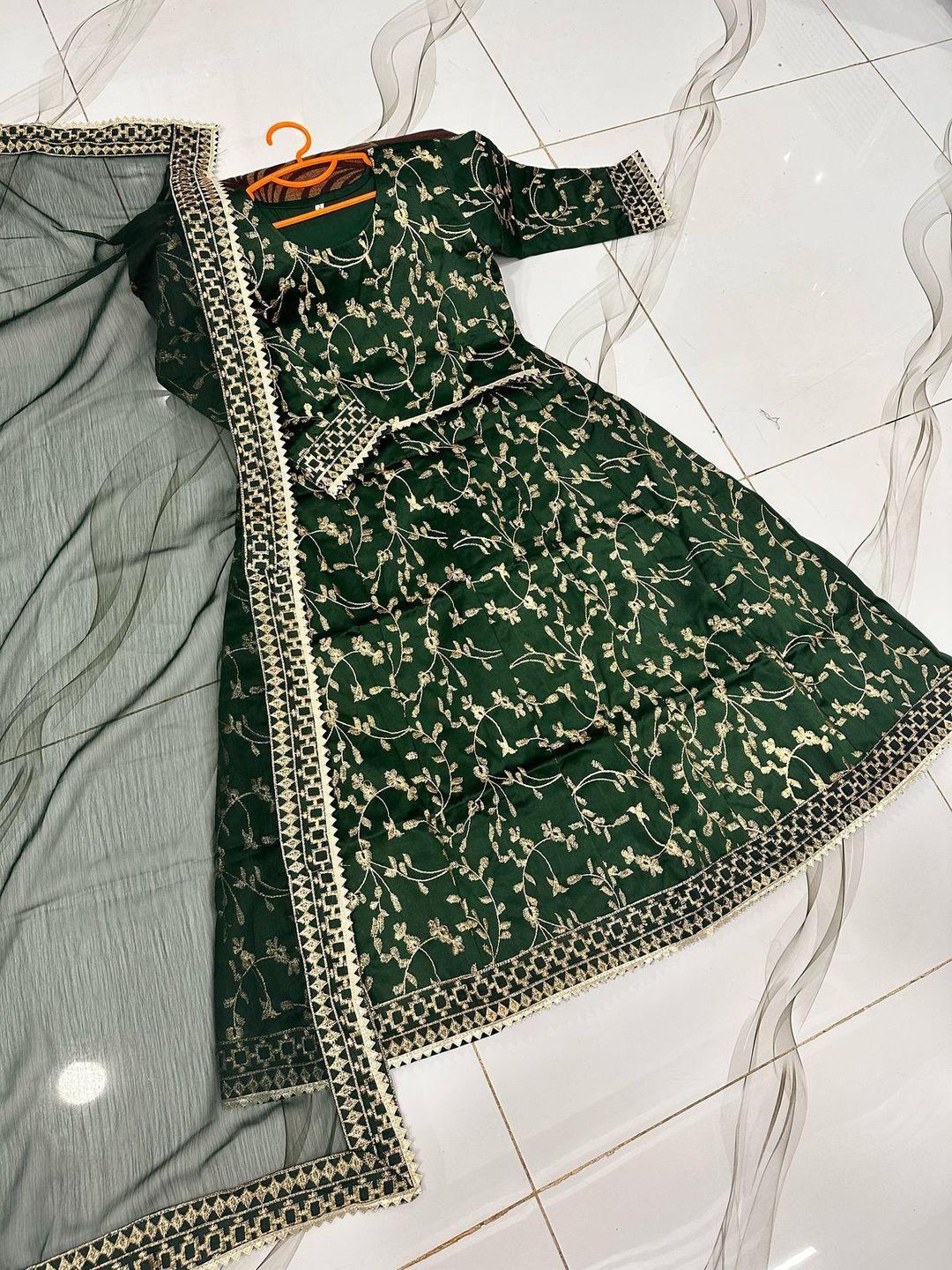 Girls Raw Silk Embroidered 3-Piece Set Green & Gold – Eid & Wedding Wear