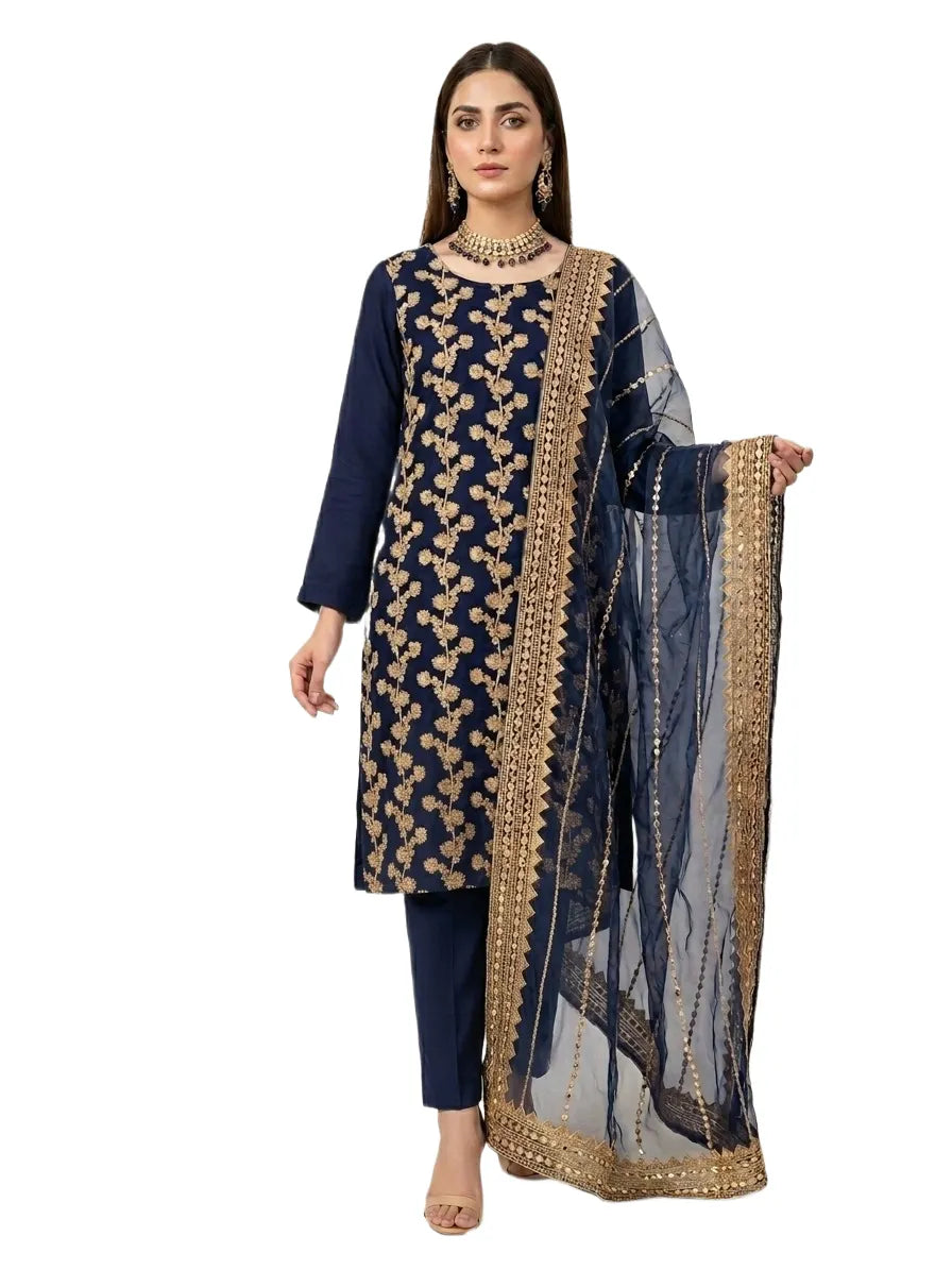 Embroidered 3 Piece Suit for Women | Unstitched Ethnic Dress with Dupatta | Eid Outfit | Wedding Wear | Party Dress