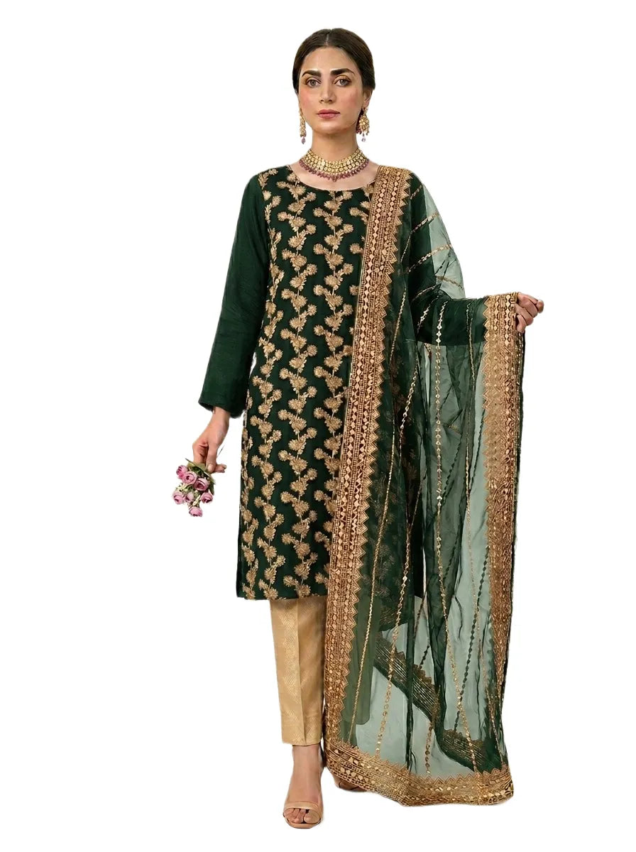 Embroidered 3 Piece Suit for Women | Unstitched Ethnic Dress with Dupatta | Eid Outfit | Wedding Wear | Party Dress