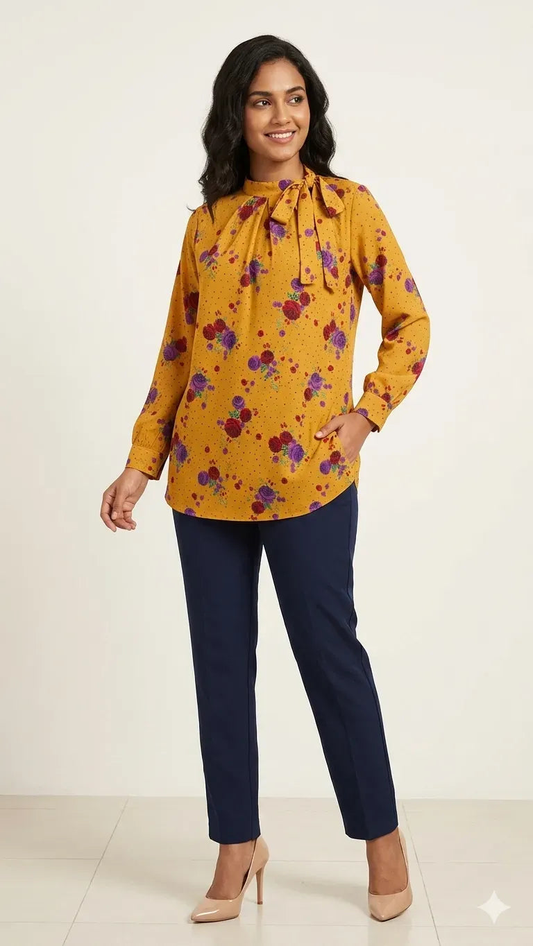 Mustard Printed Grip Silk Western Top | Stylish Women's