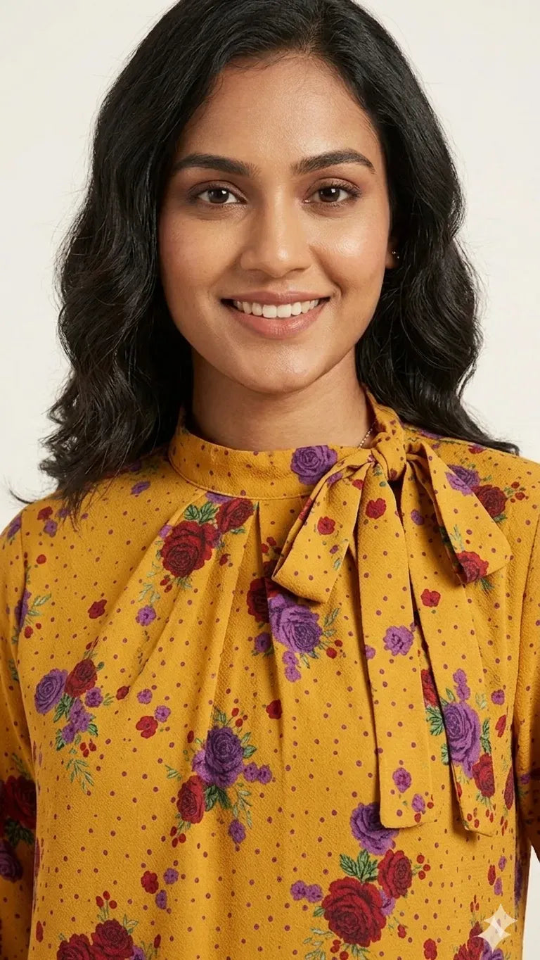 Mustard Printed Grip Silk Western Top | Stylish Women's