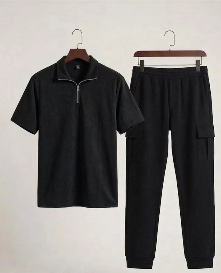 Black Men's 2-Piece Polo Track Suit Set | Casual Sportswear Outfit