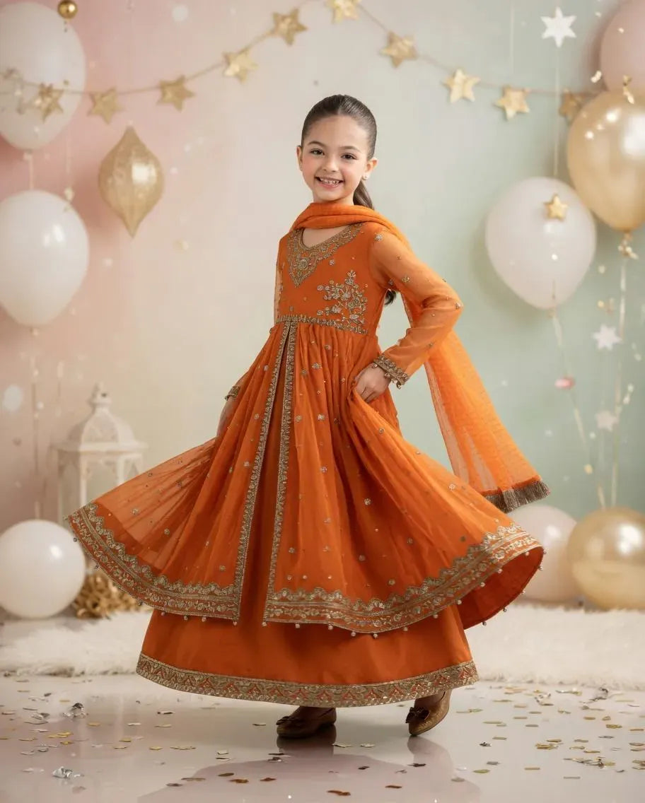 Orange Embroidered Lawn 3-Piece Set for Girls 3–4 Years – Kurta Shalwar with Dupatta