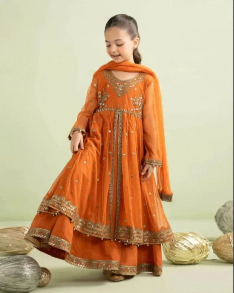 Orange Embroidered Lawn 3-Piece Set for Girls 3–4 Years – Kurta Shalwar with Dupatta