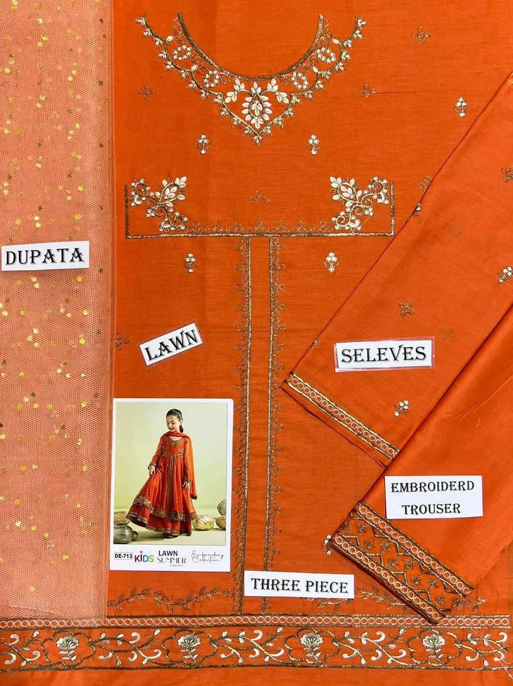 Orange Embroidered Lawn 3-Piece Set for Girls 3–4 Years – Kurta Shalwar with Dupatta