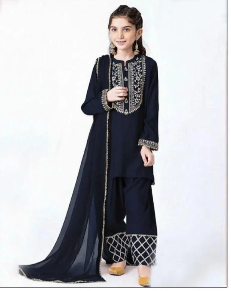 Blue Embroidered 3-Piece Cotton Suit for Girls 8–10 Years – Traditional Kids Dress Set