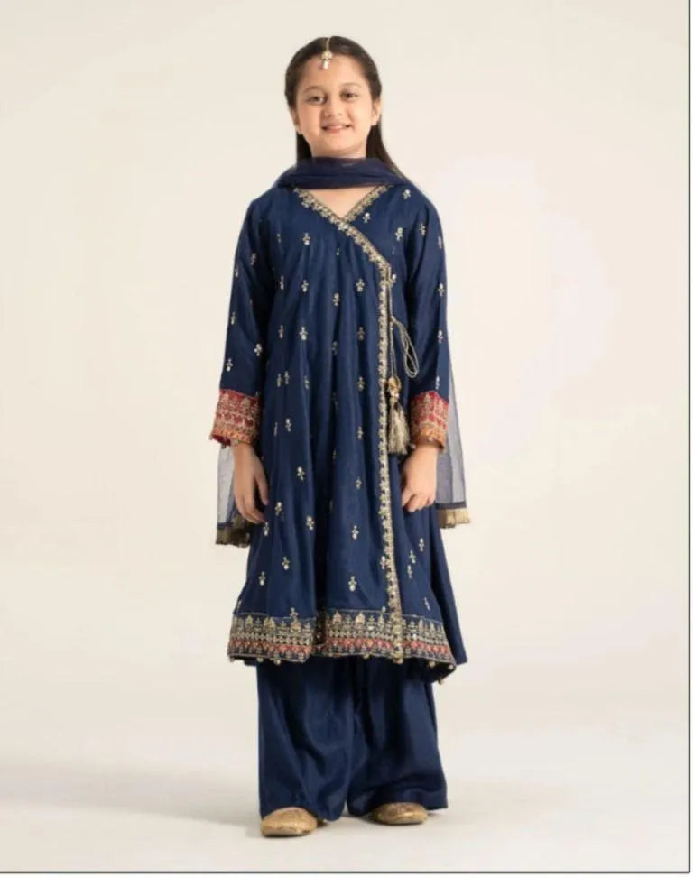 Blue Embroidered 3-Piece Cotton Kurta Shalwar Set for Girls 8–10 Years