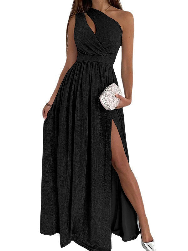 Sleeveless Shiny Hollow Slit Long Dress – Elegant Women's Evening & Party Gown