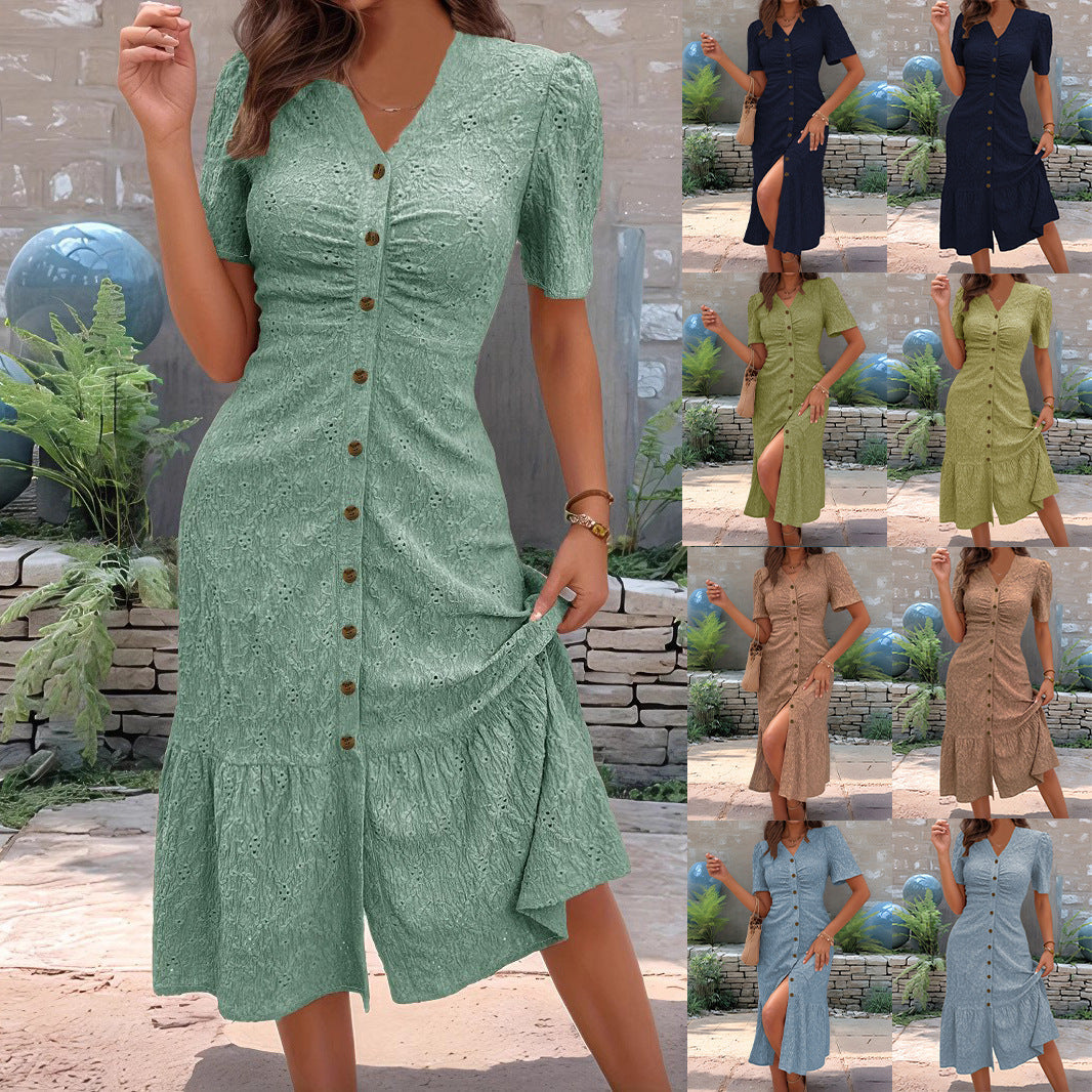 Women's V-Neck Button Dress – Elegant Casual Midi Dress for Everyday Wear