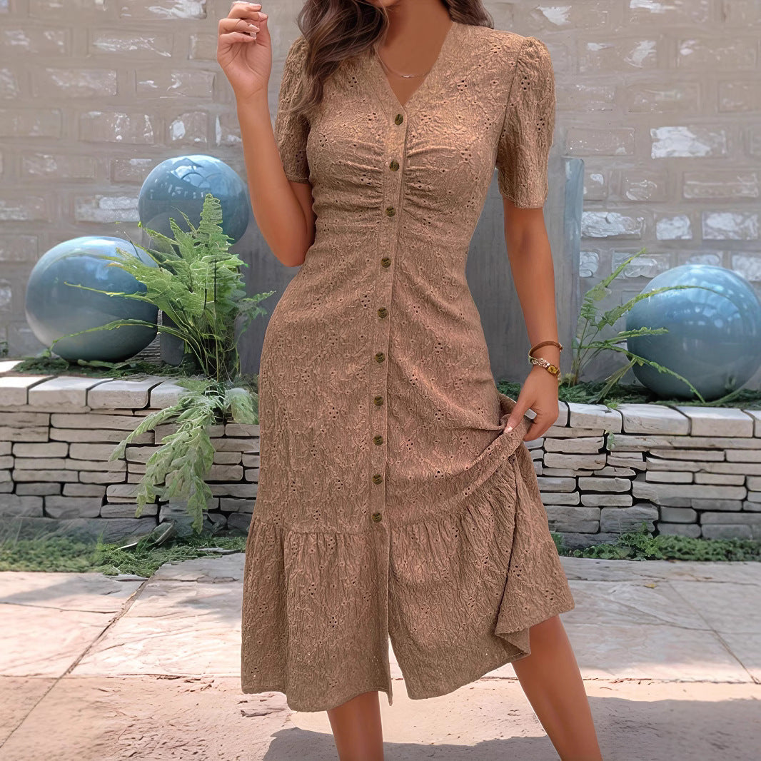 Women's V-Neck Button Dress – Elegant Casual Midi Dress for Everyday Wear