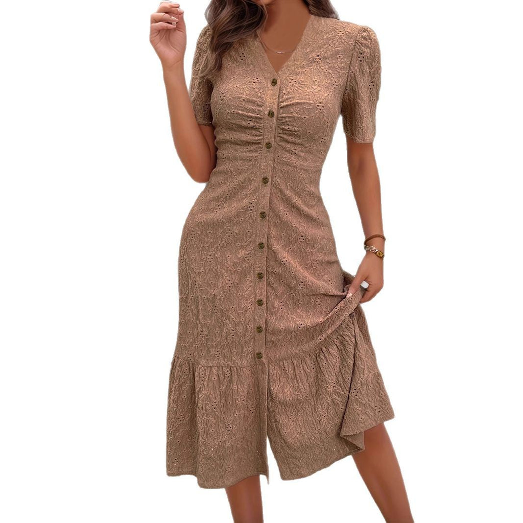 Women's V-Neck Button Dress – Elegant Casual Midi Dress for Everyday Wear