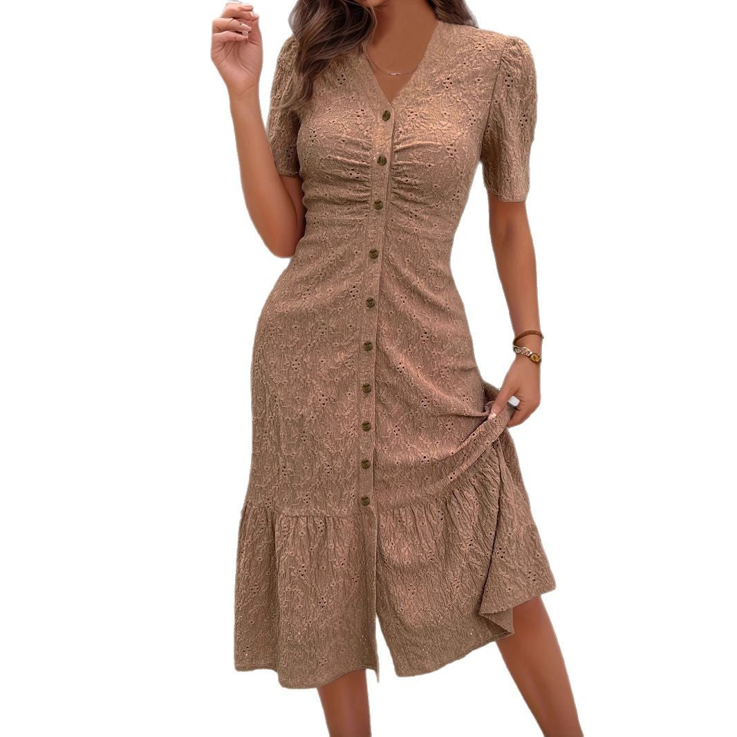 Women's V-Neck Button Dress – Elegant Casual Midi Dress for Everyday Wear