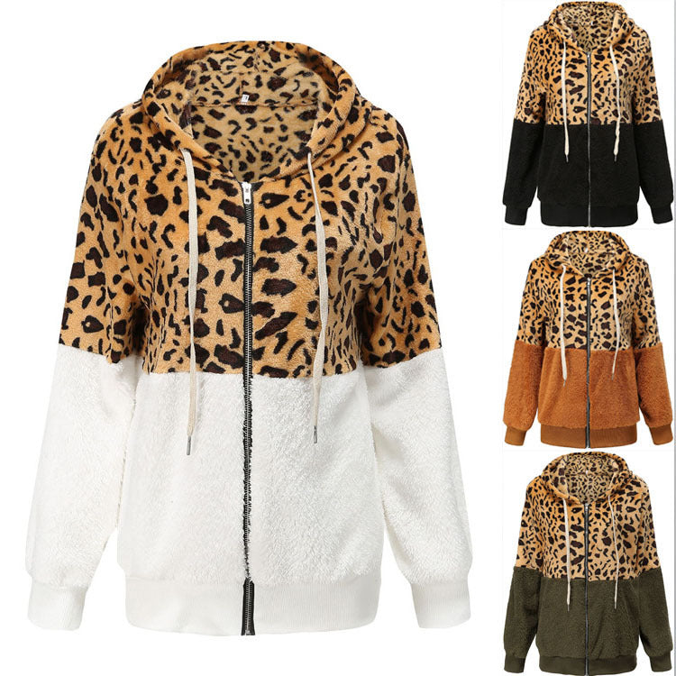 Women's Velvet Hooded Coat – Leopard Print Winter Long Jacket for Women