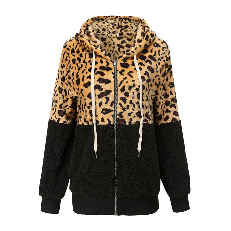 Women's Velvet Hooded Coat – Leopard Print Winter Long Jacket for Women