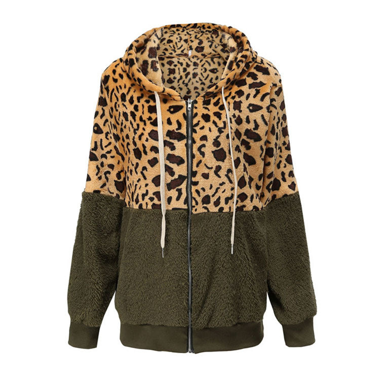 Women's Velvet Hooded Coat – Leopard Print Winter Long Jacket for Women