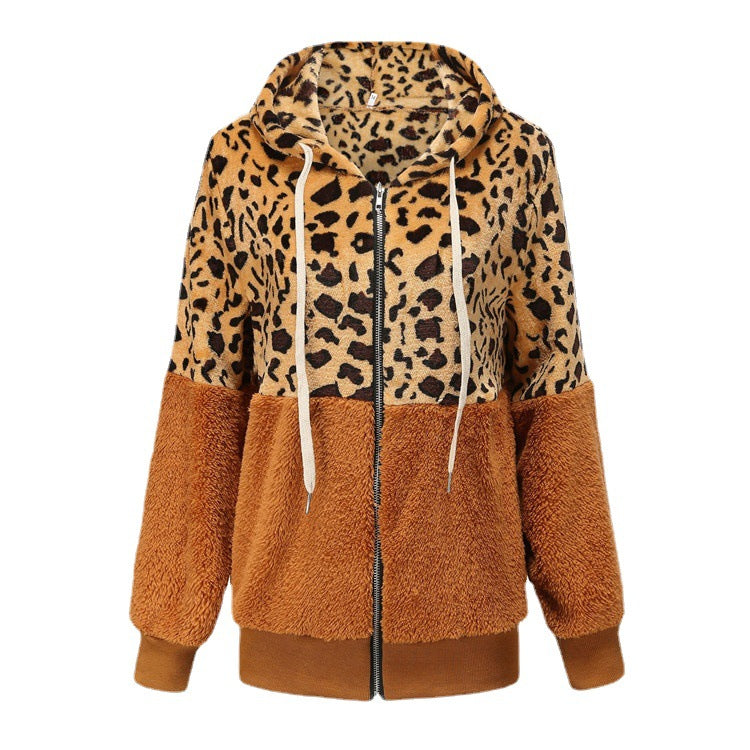 Women's Velvet Hooded Coat – Leopard Print Winter Long Jacket for Women