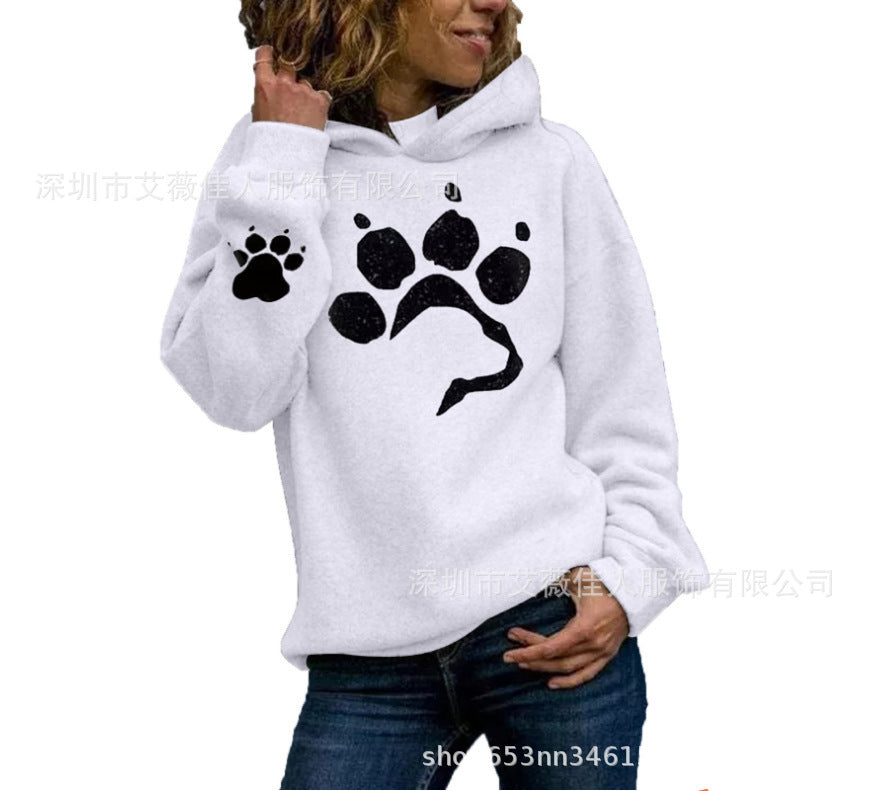 Women's Hooded Printed Sweater – Loose Fit Grey Long Sleeve Casual Pullover