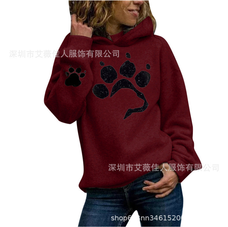 Women's Hooded Printed Sweater – Loose Fit Grey Long Sleeve Casual Pullover