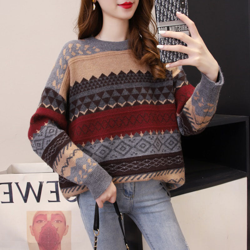 Women's Loose Knit Sweater – Winter Geometric Pattern Casual Pullover
