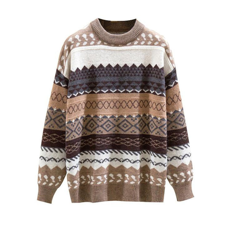 Women's Loose Knit Sweater – Winter Geometric Pattern Casual Pullover