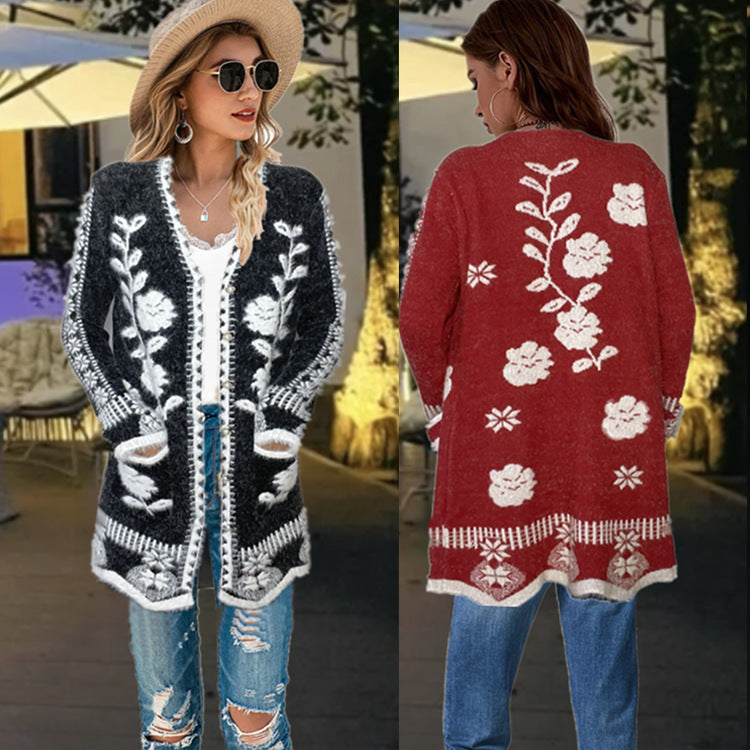 Women's Floral Knit Cardigan – Black & Red Long Sleeve Casual Sweater