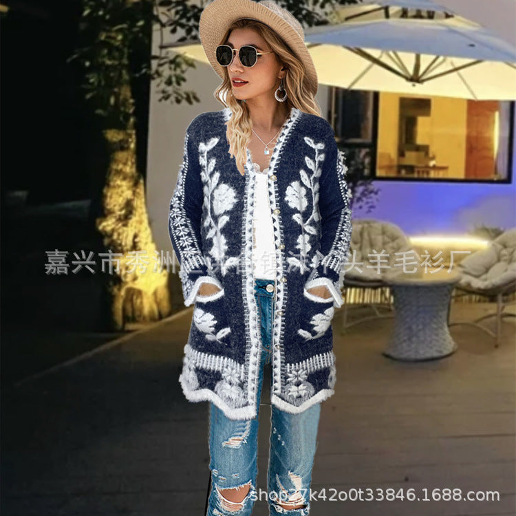 Women's Floral Knit Cardigan – Black & Red Long Sleeve Casual Sweater