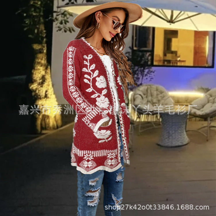 Women's Floral Knit Cardigan – Black & Red Long Sleeve Casual Sweater