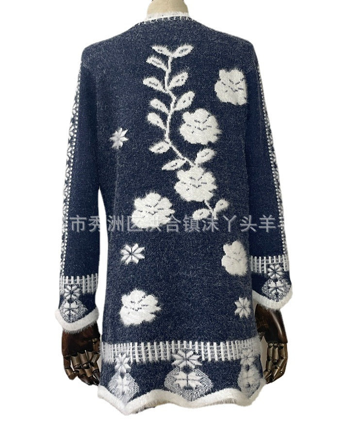 Women's Floral Knit Cardigan – Black & Red Long Sleeve Casual Sweater