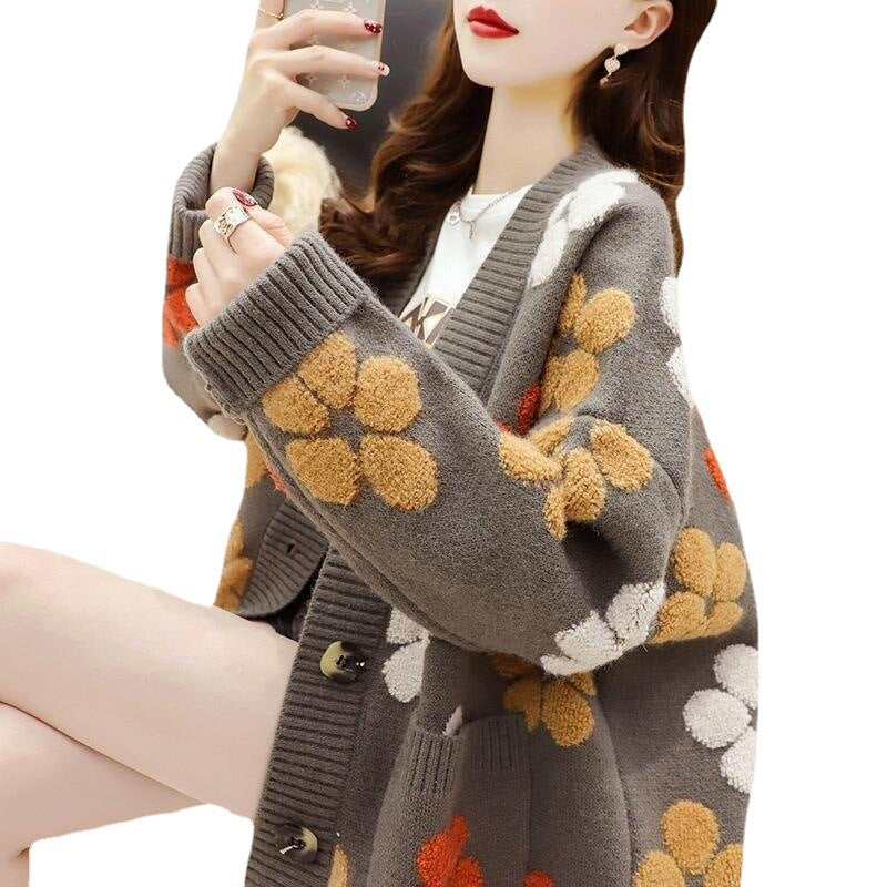 Women's Floral Knitted Cardigan – Casual Winter Long Sleeve Sweater