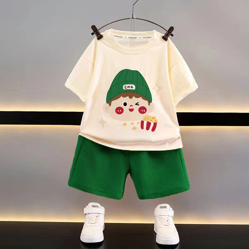 Kids Cotton T-Shirt & Shorts Set Yellow Cartoon Print – Summer Outfit for Boys & Girls