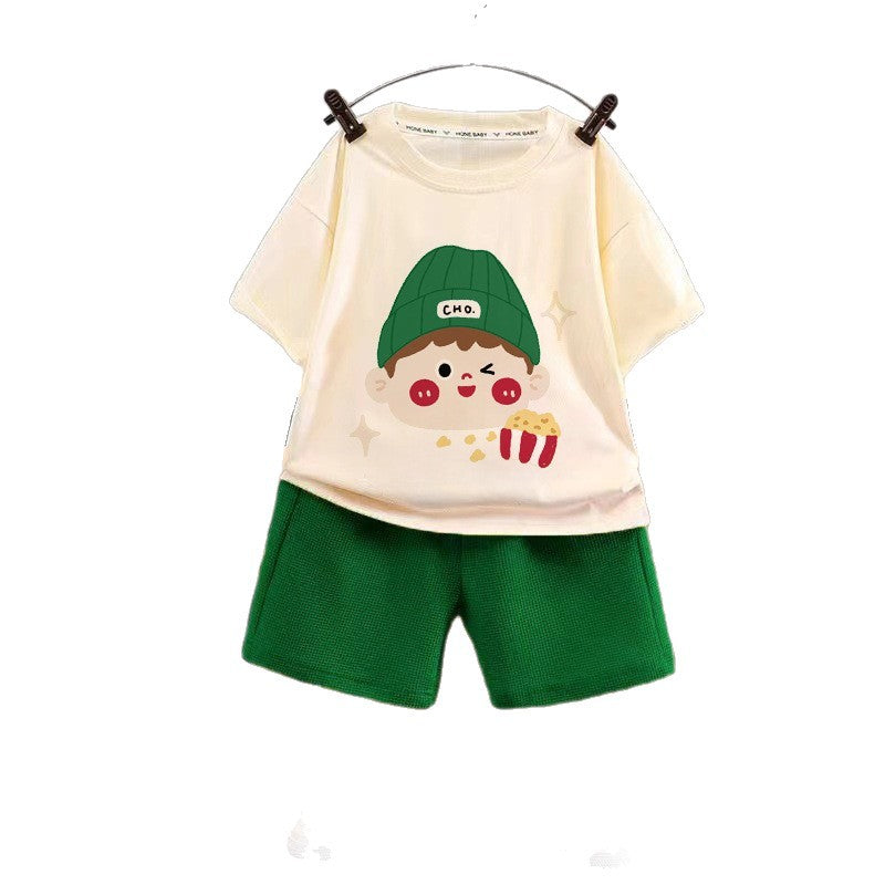 Kids Cotton T-Shirt & Shorts Set Yellow Cartoon Print – Summer Outfit for Boys & Girls