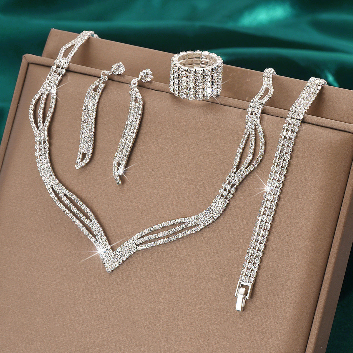 Sparkling Rhinestone 3-Piece Jewelry Set for Women – Necklace, Earrings & Ring Set