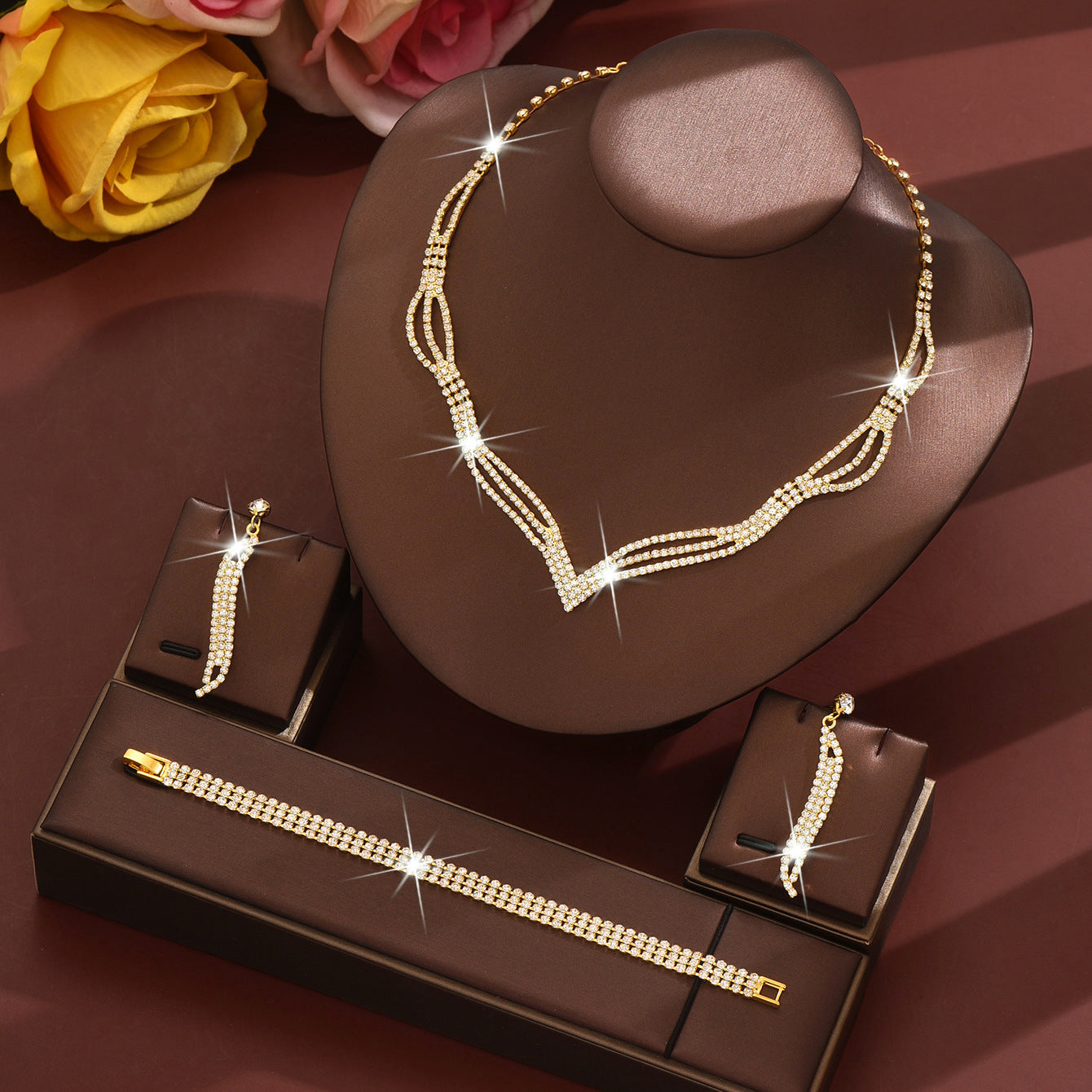 Sparkling Rhinestone 3-Piece Jewelry Set for Women – Necklace, Earrings & Ring Set