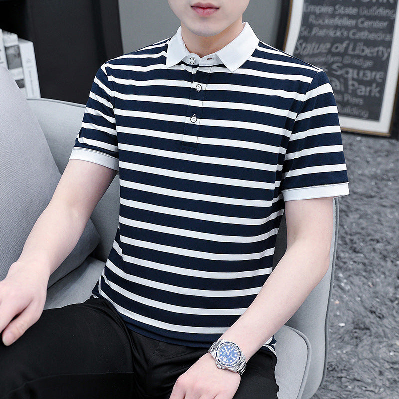 Men's White & Black Striped Polo Shirt | Cotton Summer Casual Shirt