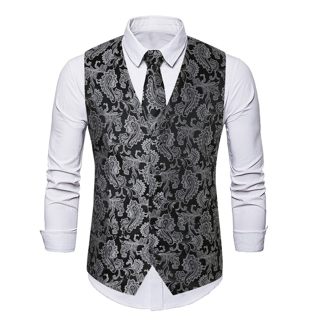 Men's Paisley Jacquard Vest – Black & Silver Formal Waistcoat for Autumn & Winter