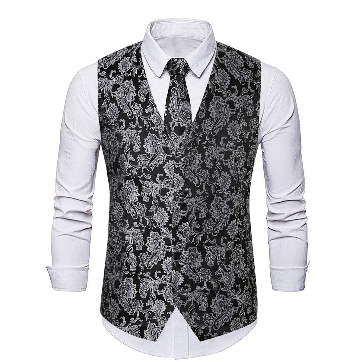 Men's Paisley Jacquard Vest – Black & Silver Formal Waistcoat for Autumn & Winter