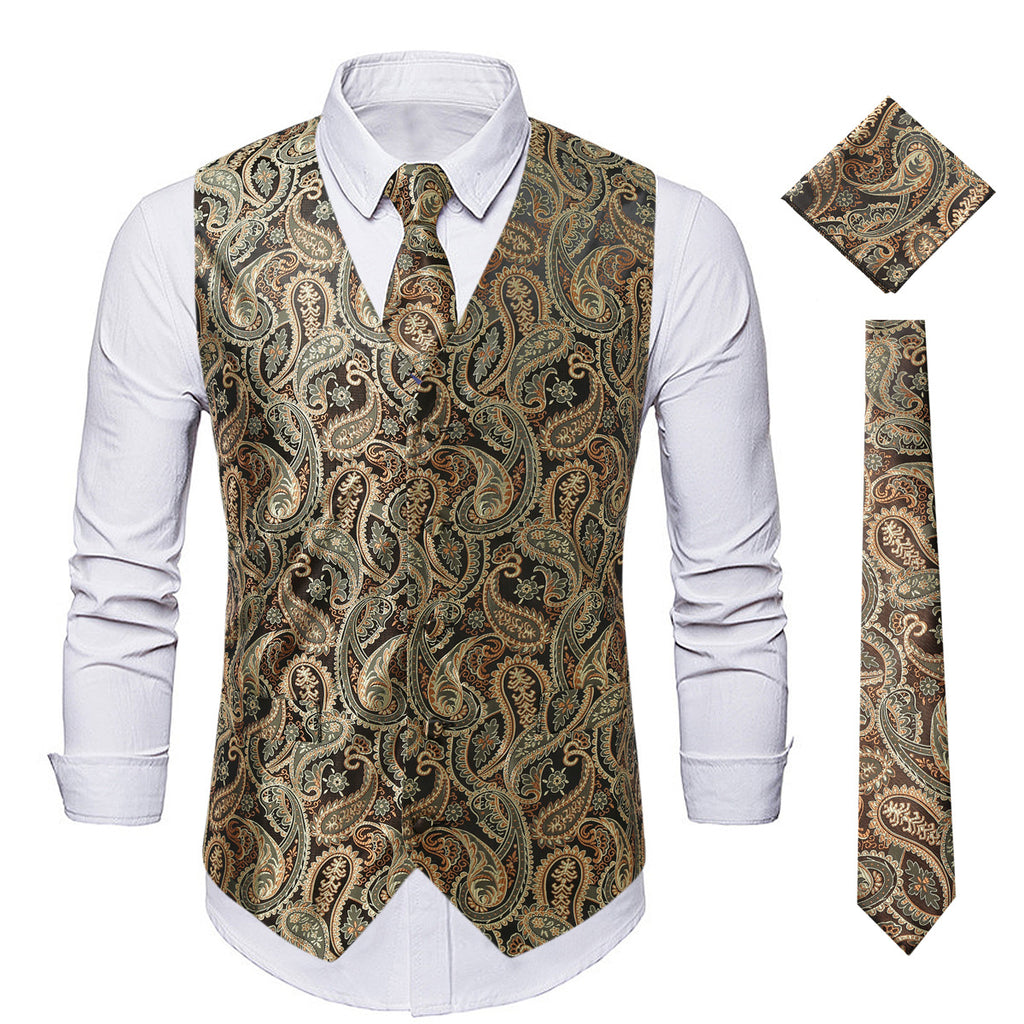 Men's Paisley Jacquard Vest – Black & Silver Formal Waistcoat for Autumn & Winter