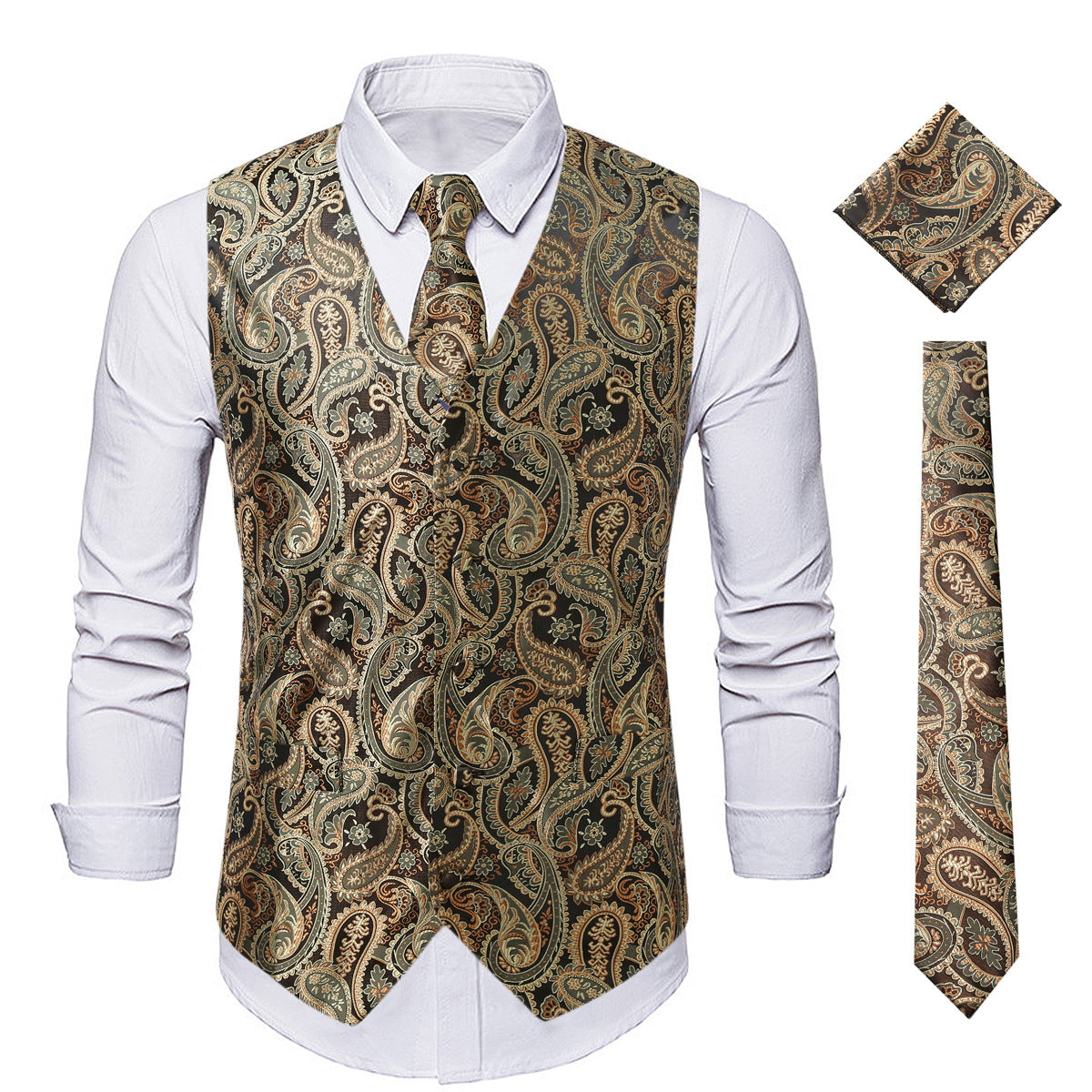 Men's Paisley Jacquard Vest – Black & Silver Formal Waistcoat for Autumn & Winter