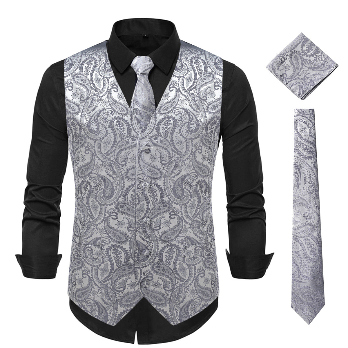 Men's Paisley Jacquard Vest – Black & Silver Formal Waistcoat for Autumn & Winter