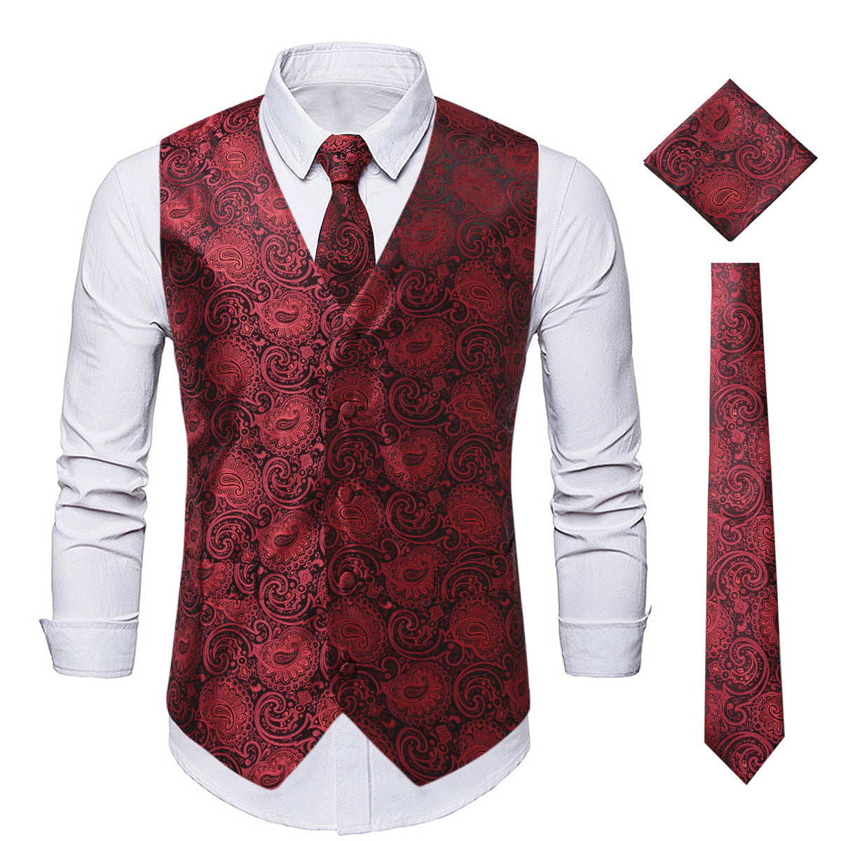 Men's Paisley Jacquard Vest – Black & Silver Formal Waistcoat for Autumn & Winter
