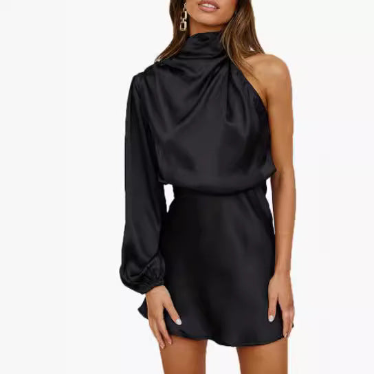 Women's Silk Mini Skirt Dress – Long Sleeve Cocktail Party Dress for Spring