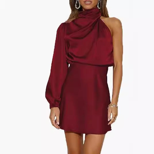 Women's Silk Mini Skirt Dress – Long Sleeve Cocktail Party Dress for Spring