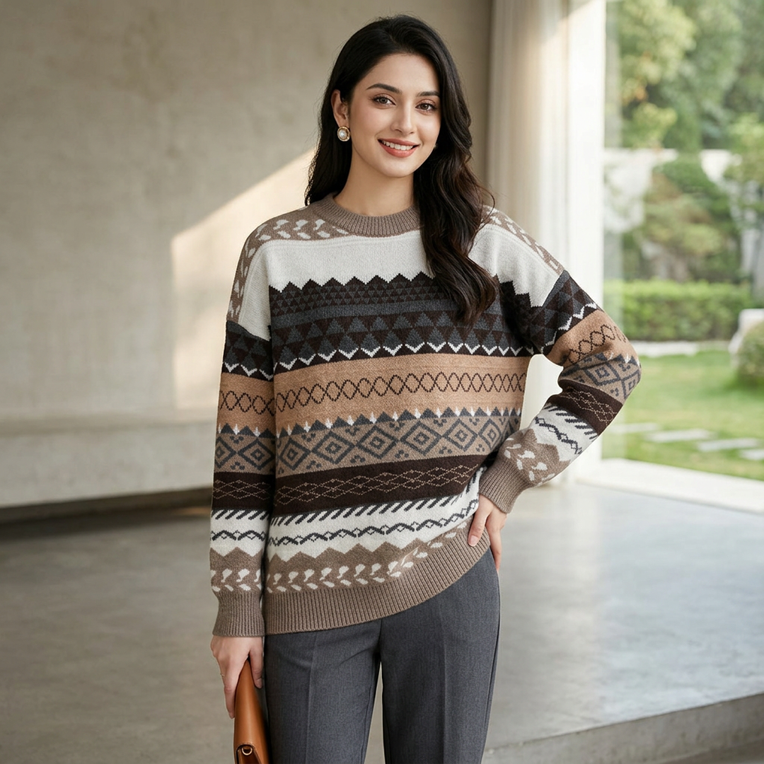 Women's Loose Knit Sweater – Winter Geometric Pattern Casual Pullover