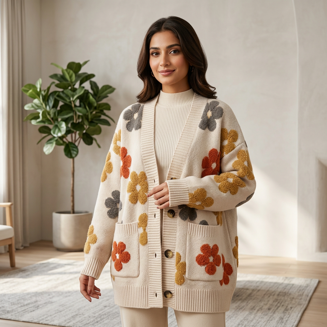 Women's Floral Knitted Cardigan – Casual Winter Long Sleeve Sweater